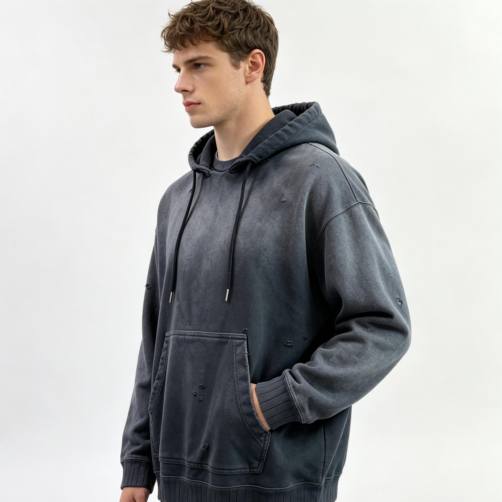 American Retro Stone Wash Hoodies Custom Distressed Zip Up Hoodie For Men