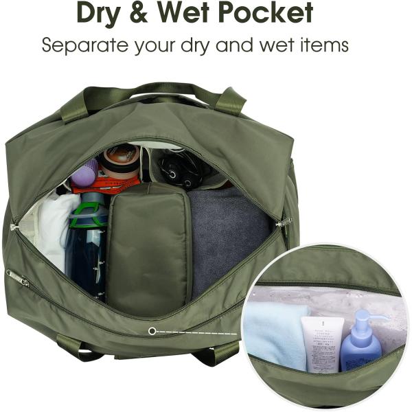 Bolso verde portátil de noche de fin de semana de gimnasio Bolso de bolso con zapatos de bolsillo mojado Compartimiento