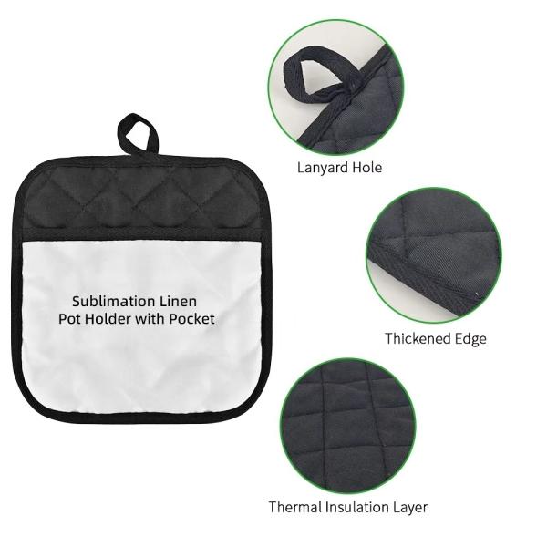 Soportes para ollas de sublimación en blanco de lino negro con bolsillo, almohadillas personalizadas para sujetar ollas