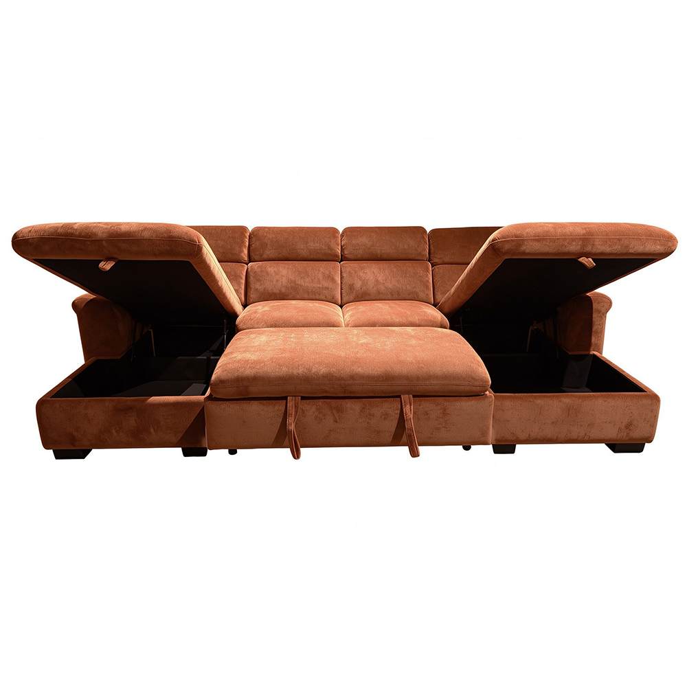 U-Shaped Sectional Sleeper Sofa with Pull-Out Bed and Storage and Adjustable Headrest, Brick Red Fabric
