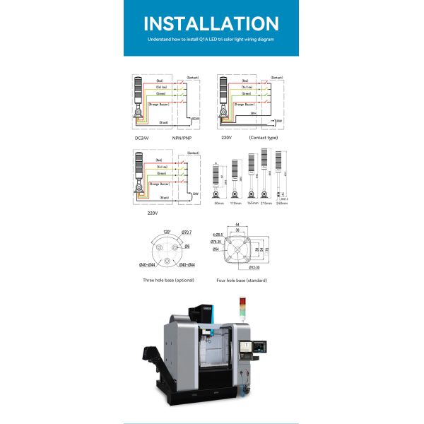 Lámpara de torre de señal RYG con ángulo de haz de 360° con zumbador, luces indicadoras de equipo de tres capas