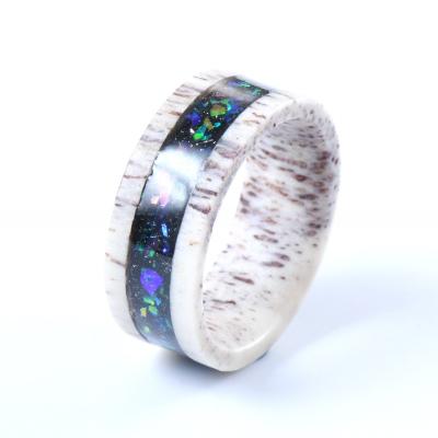 Starry Opal Inlay Deer Antler Wedding Band 8mm with Invisible Setting