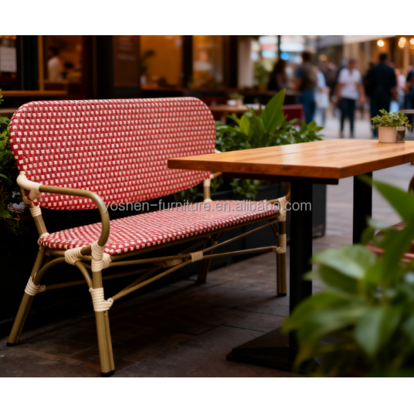 Outdoor French Bistro Rattan Sofa Bench Chair Rattan Restaurant Sofa Burgundy Red for Hotel Resort