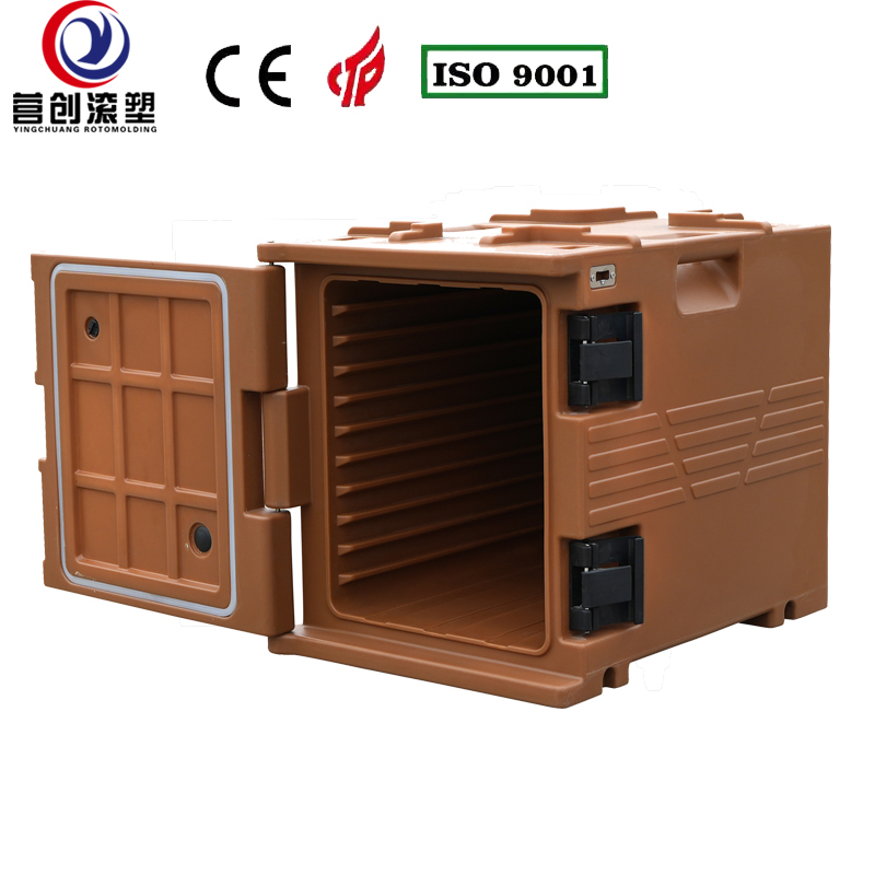 YINGCHUANG OEM 75L Coffee Brown Handle Type Rotomolded Insulated Box, Thick PU Foam Hot & Cold Holding GN Pan Food Transport Cabinet For Catering Canteen Central Kitchen