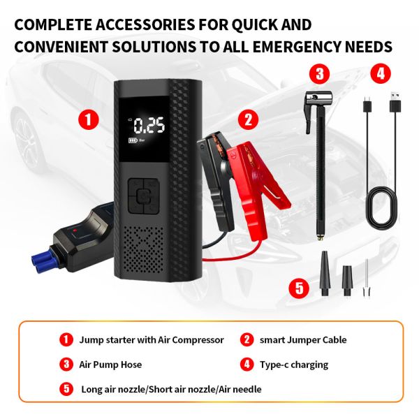 2 In 1 Mini Jump Starter Portable Tyre Inflator 6000mAh Electric Car Air Pump With Air Compressor
