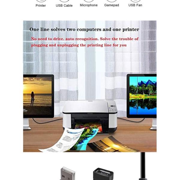 1 Female to 2 Dual Male USB Y Splitter Printer Sharing Switch Cable for Printer Scanner Speaker Keyboard Mouse