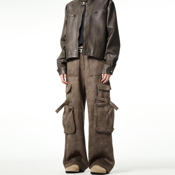 Loose Straight Leg Casual Trousers for Men Vintage Multi-Pocket Deerskin Overalls