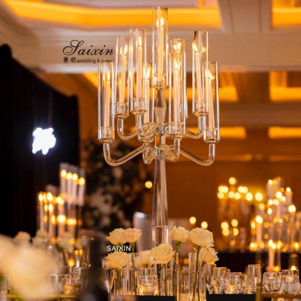 Saixin nuevo diseño gran soporte de metal de oro 10 brazos candelabro de vidrio para los centros de la boda