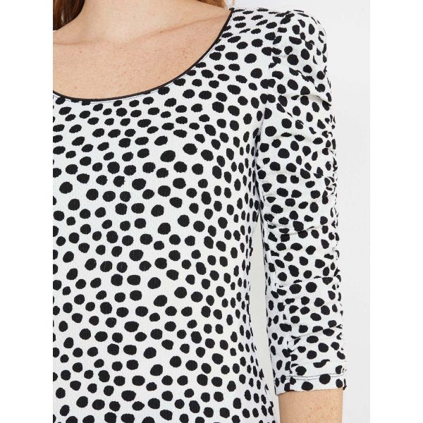 Black & White Polka Dot Ruched Sleeve Fitted Top