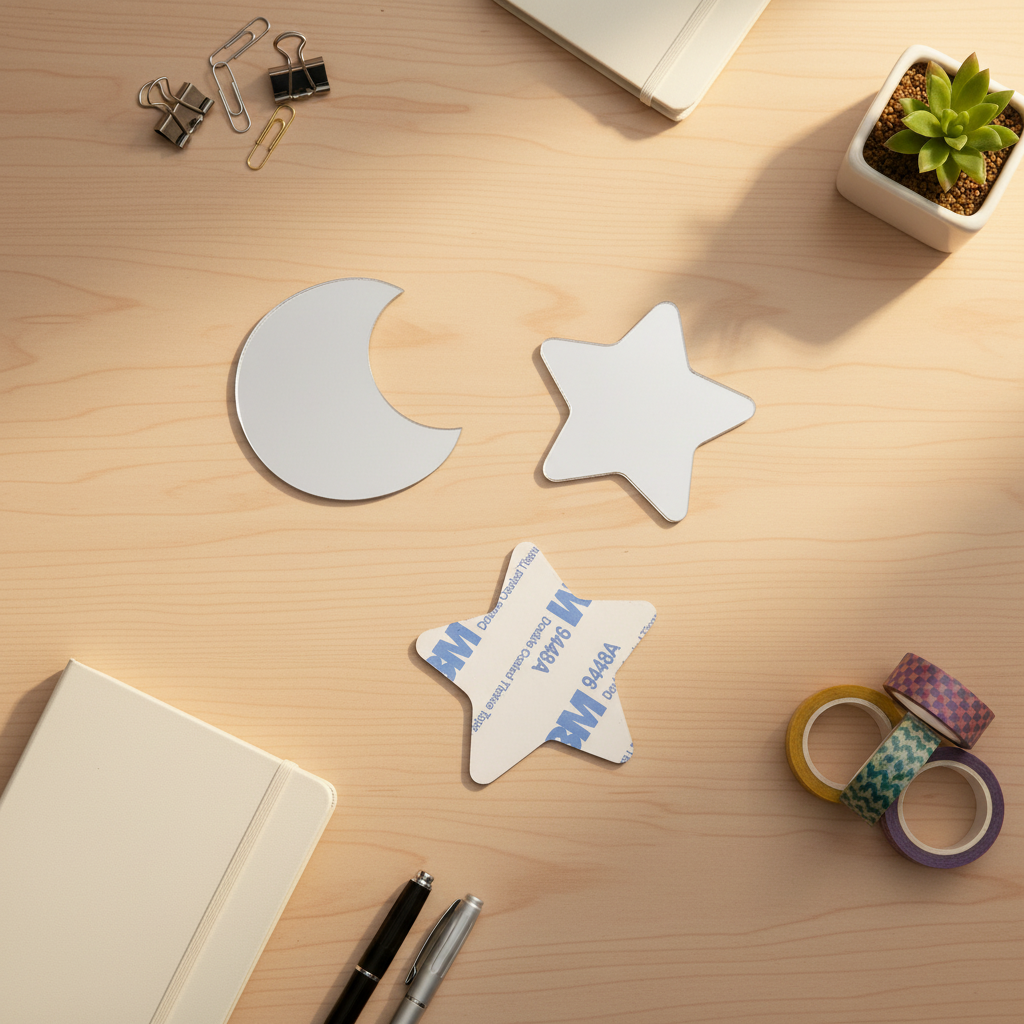 Star & Moon Celestial Self-Adhesive PMMA Acrylic Mirror Wall Stickers, 3M Backing Shatterproof Smooth Round Edge Kids Nursery Decor Mirror Custom Size Shape