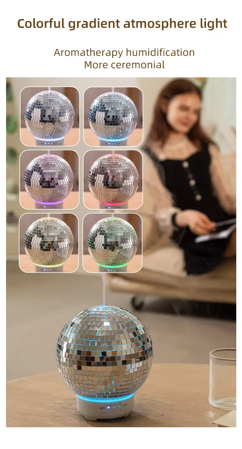 Factory Supply 100ml Rotation Disco Ball Essential Oil Diffuser Mirror Ball 3D Glass Humidifier Ultrasonic Aroma Diffusers
