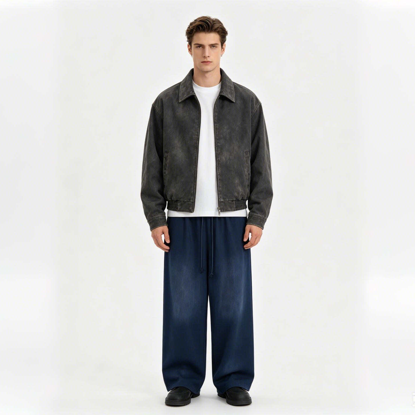 Spray Wash Cotton Straight Leg Pants High Waist Cotton Straight Leg Trousers No Stretch