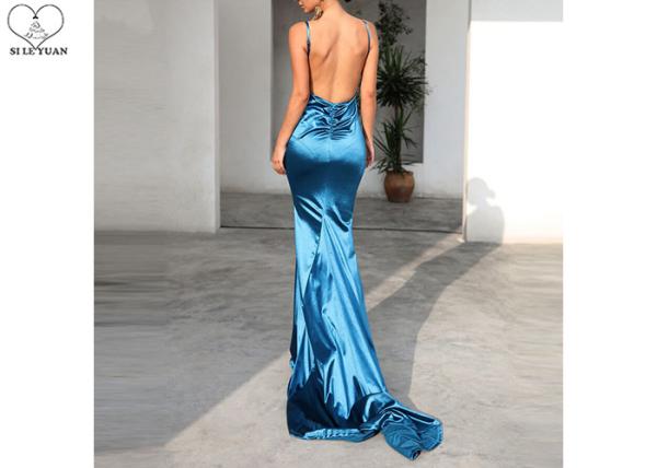 Green Sling Long Blue Mermaid Dress Deep V Neck Backless Stretch Satin Fabric