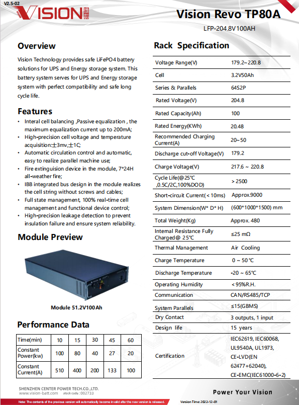 Vision Revo Three-Phase UPS Lithium-ion Battery System TP80A  204.8V100AH UPS BATTERY MODULE