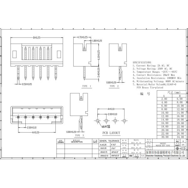 Соединитель коробки вафли ПОГРУЖЕНИЯ 2.0mm прямо через отверстие для доски PCB