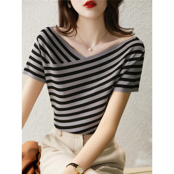 Fashion Striped Knitted Tshirt V Neck Casual Tee Shirt for Women's Occasion