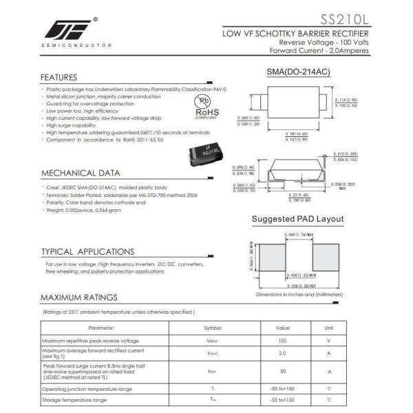 SS210L 2A 100V SMA Package Low Forward Voltage Schottky Diode with Stable Performance
