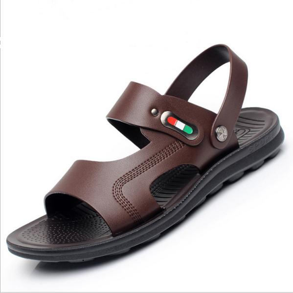 Custom Handmade Leather Sandals Mens OEM / ODM Brown Leather Flat Sandals