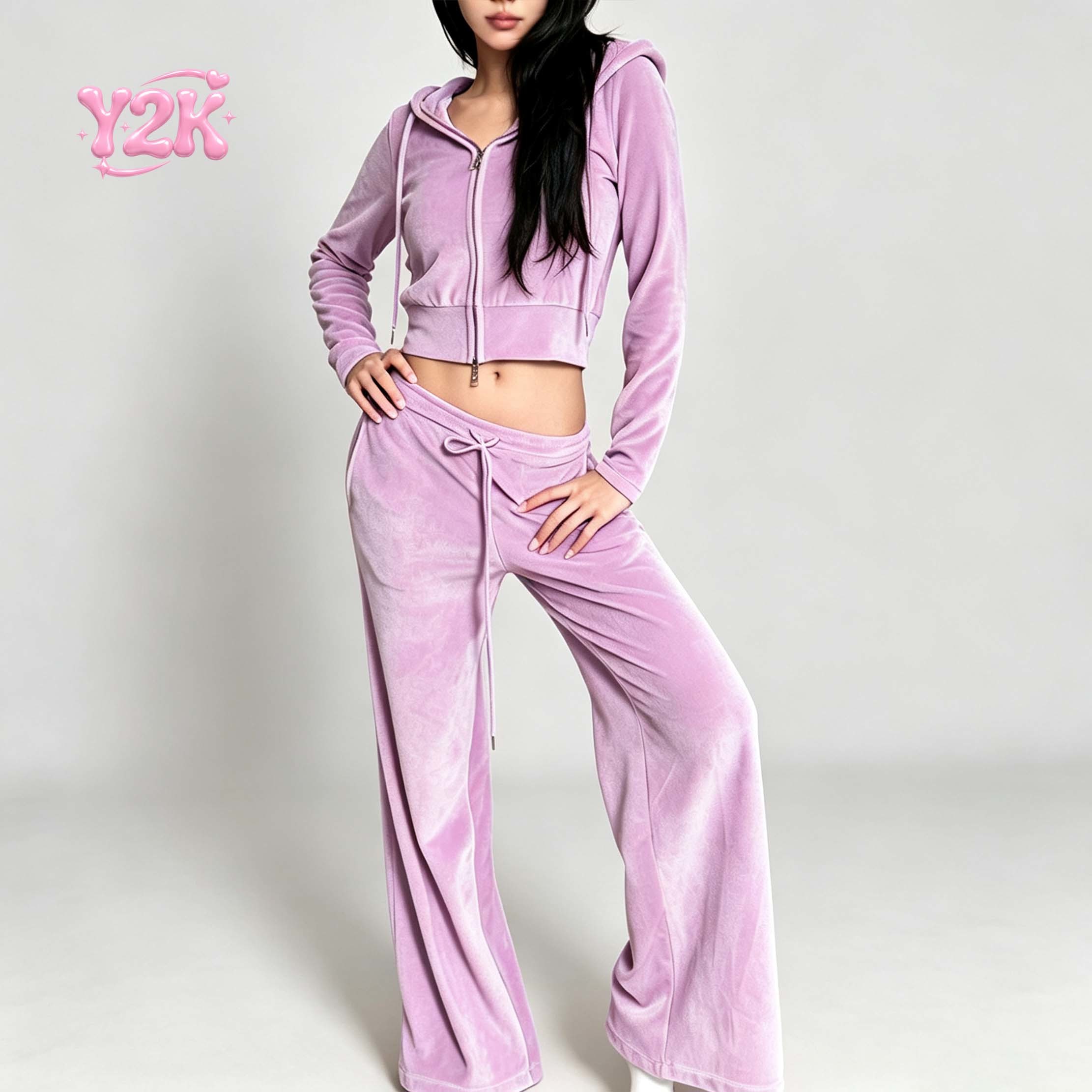 Custom Women's Cropped Velour Hoodie Wide Leg Pants Set
