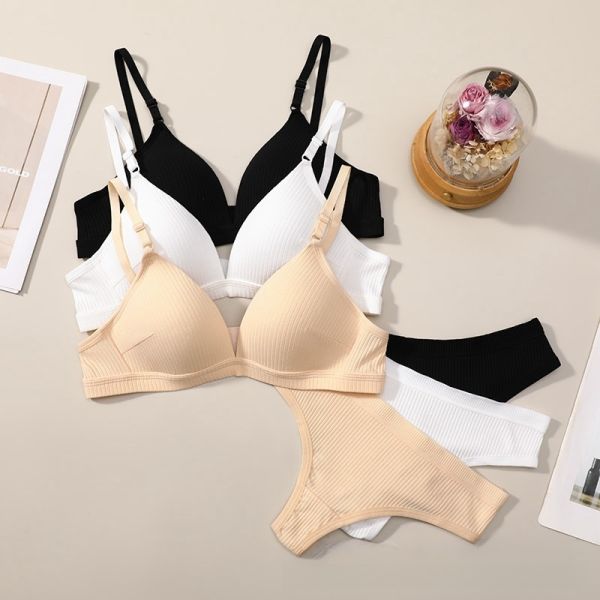 Wholesale 2024 Women Pure Cotton Thong Panties With Bra Set Hot Selling Women Bra With Panty Set Cotton