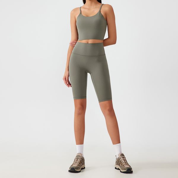 Spaghetti Strap Cropped Yoga Clothing Set 4 Way Stretch Sports Bra Top High Waisted