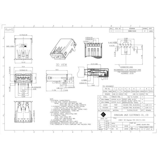 USB3.1 A L16.5mm PCB USB Socket Female PA9T 90 Degrees STD 9 Pins Reel Packaging