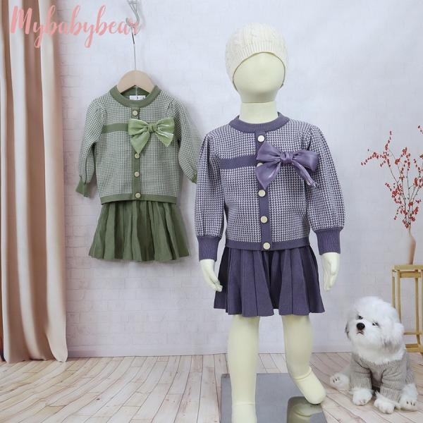 New Style Kids Children Winter Clothing Set Knitting Cardigan Skirt Baby Girl Winter False Cardigan Sweater With Bow