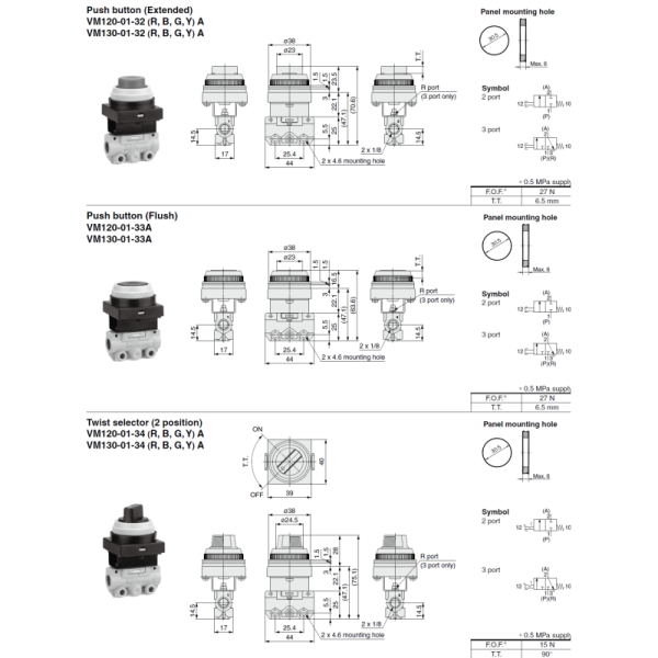 SMC VM130-01-32A, VM130-01-33A, VM130-01-34A, VM130-01-37A VM100 Series 3/2 way Mechanical Valve 1/8