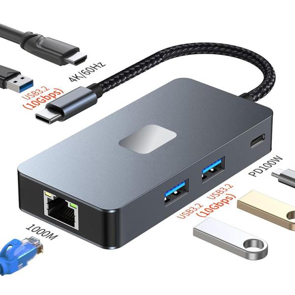 8-In-1 Multiport Adapter USB-C Hub With HDMI 3 USB3.0 RJ45 And PD Output 5-8 Ports