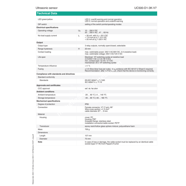 PEPPERL+FUCHS Ultrasonic Sensor UC500-D1-3K-V7 with 0.01% FS Accuracy and IP65 Protection for Industrial Automation