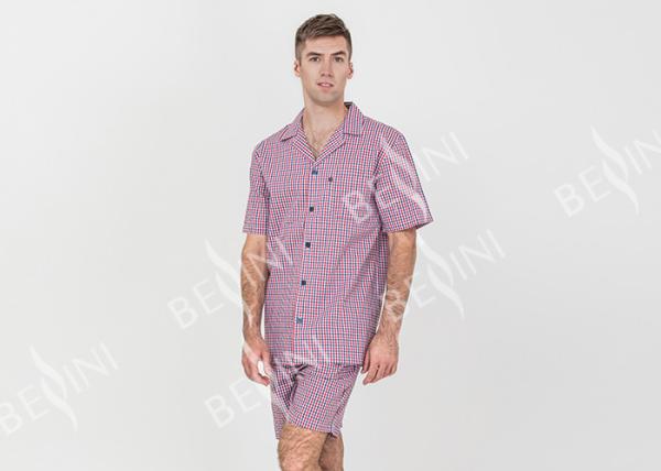 Cool Mens Button Up Pyjamas Woven Cotton Yarn Dyed Check Short Sleeve Shirt