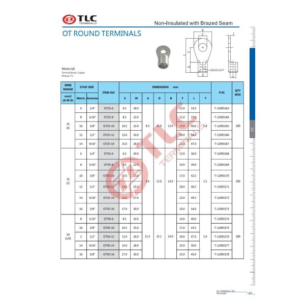 RoHS Compliant Copper Non Insulated Ring Terminals With Tin Plating 10-50mm2