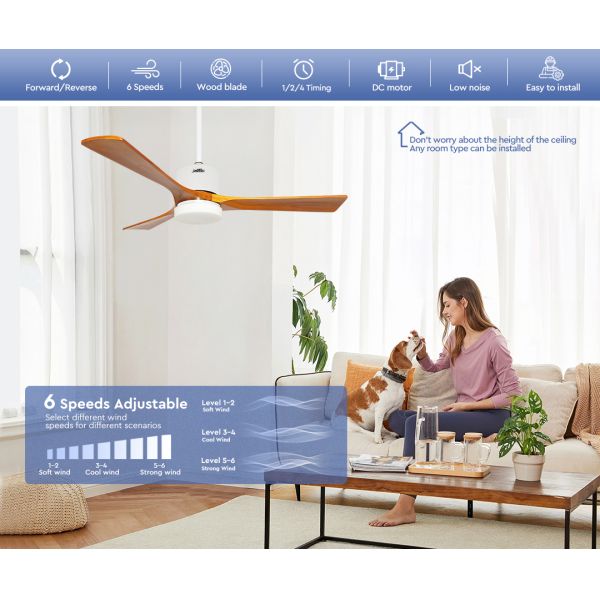 Solid Wood Ceiling Fan Featuring Multi Size Options and Smart Control Functions Including Timing Memory and Scene Settings