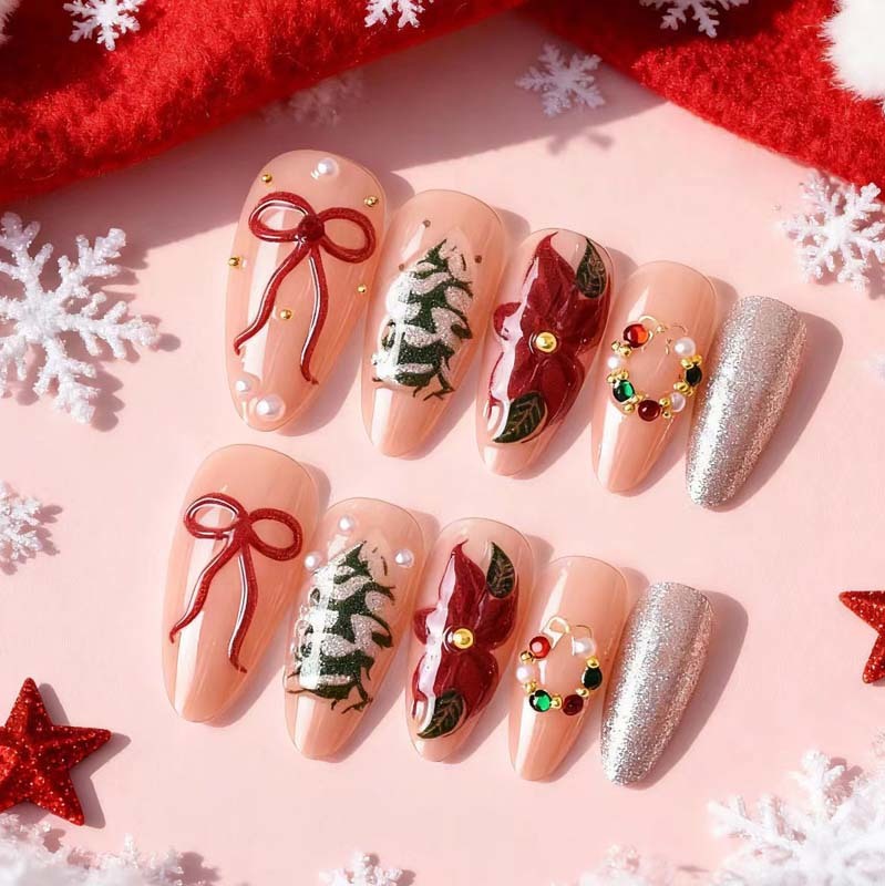 Wholesale 3D Red Bow Christmas Holiday Press On Nails Almond Pink Snow Tree