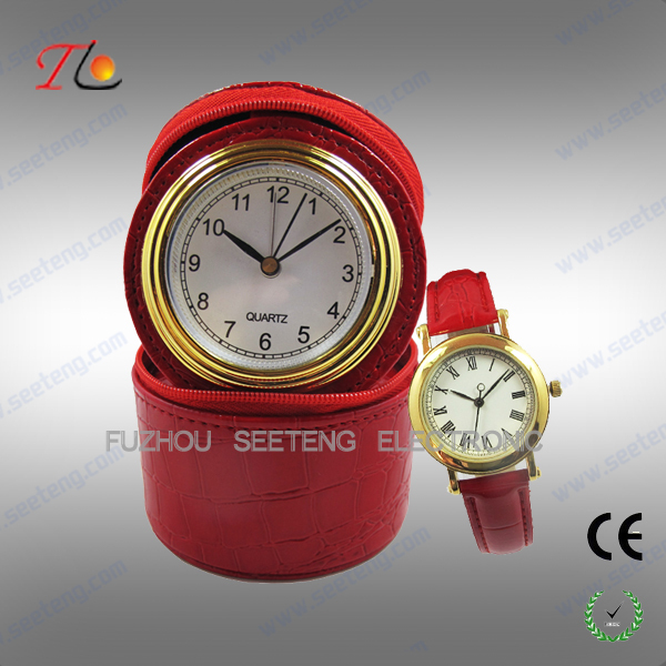 Elegant classic travel PU leather desk clock and watch gift set for promotion