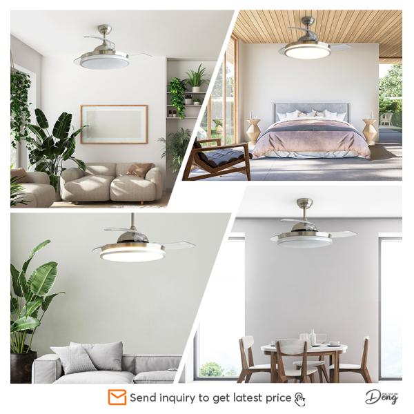 Ventilador de teto LED de níquel de cetim de 42 polegadas com lâminas dobráveis e fonte de luz retrátil