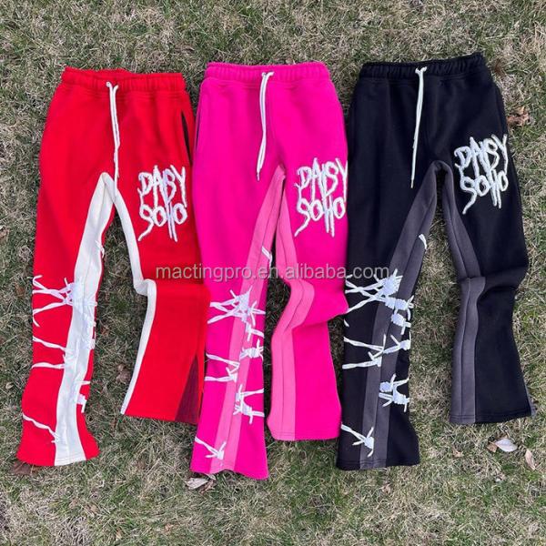 Men'S Black Flared Sweatpants Blank 3D Puff Print Casual Daily Life Acid Wash French Terry