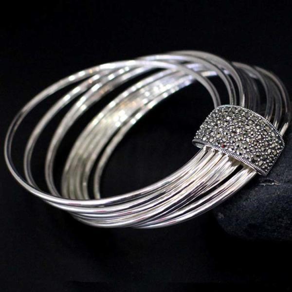 Women Nine Rows 925 Sterling Silver Marcasite Charm Bangle Bracelet(SY50013)