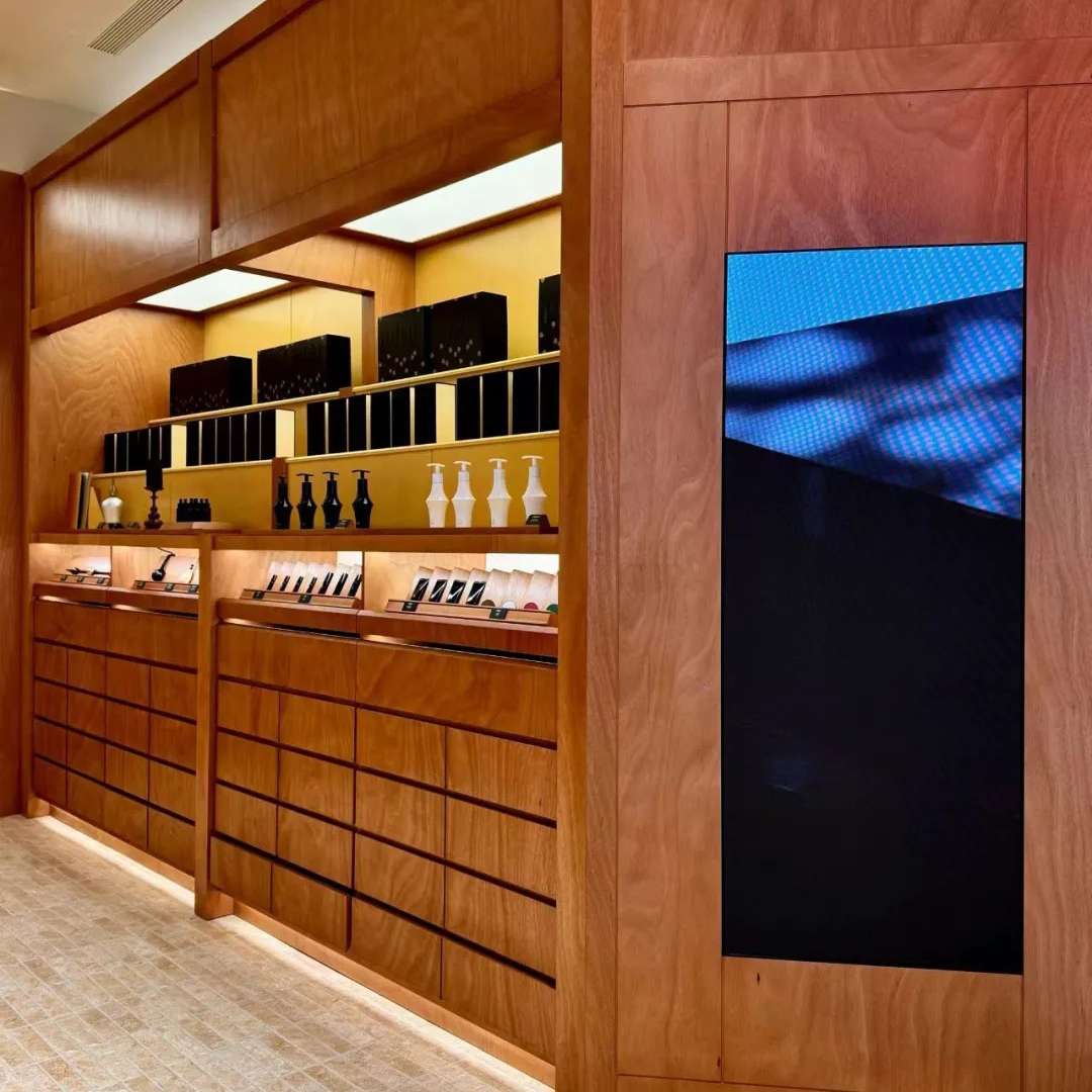Natural Solid Wood Perfume Display Cabinet with Illuminated Wall Display and Multi Drawer Storage
