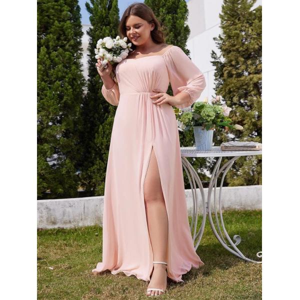 Plus Size Ruffled Sweetheart Neck Long-sleeved High Slit Pink Chiffon Off-shoulder Bridesmaid Dresses