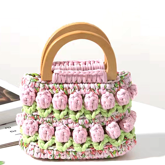 Wooden Handle Crochet Hand Bag Hand Woven Tulip Flower 16cm×15cm×6cm