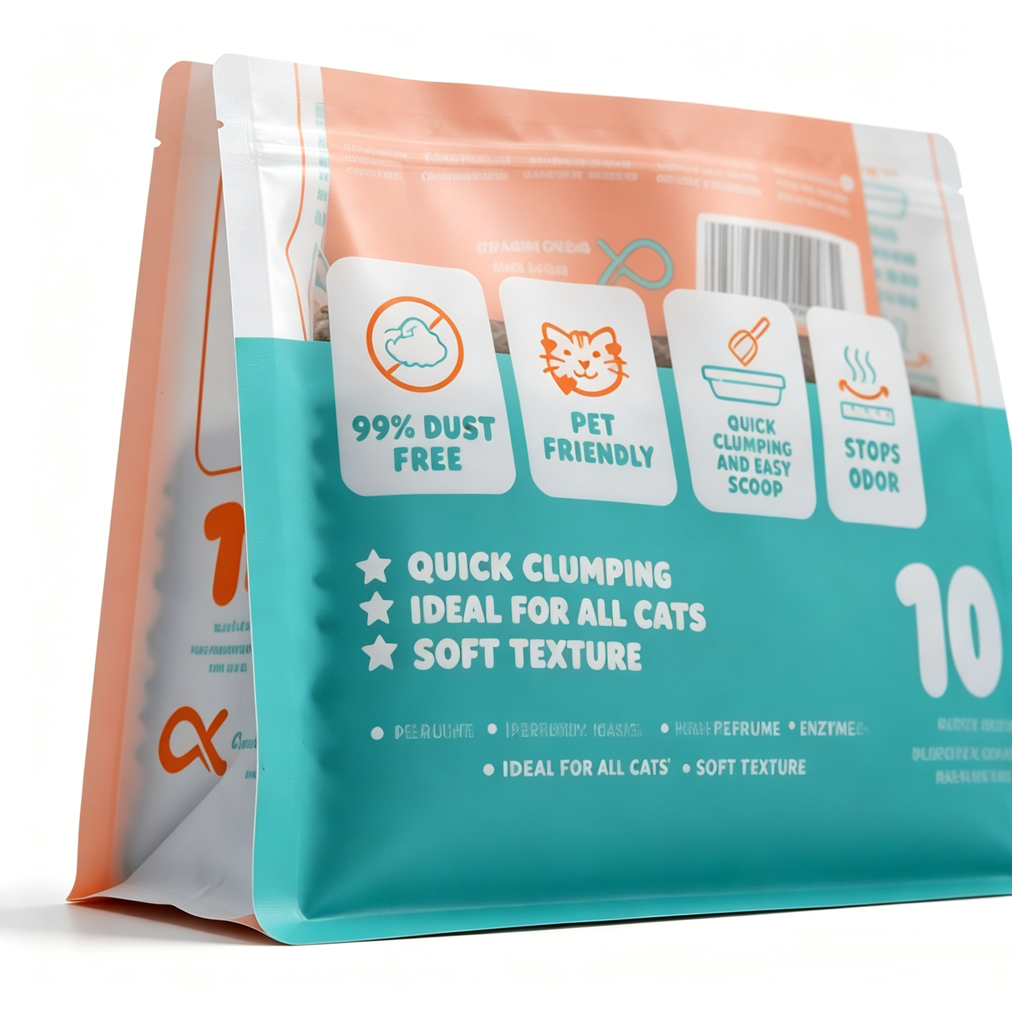 Colorful Cartoon Eight Side Seal Cat Litter Bag With Handle & Window | Custom Printed 10L Bentonite Cat Litter Flat Bottom Zipper Packaging Pouch