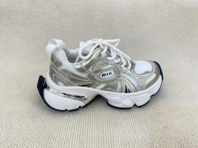 Lacing PU Gold Leather Sneakers With Script Mesh Upper Women Sneakers