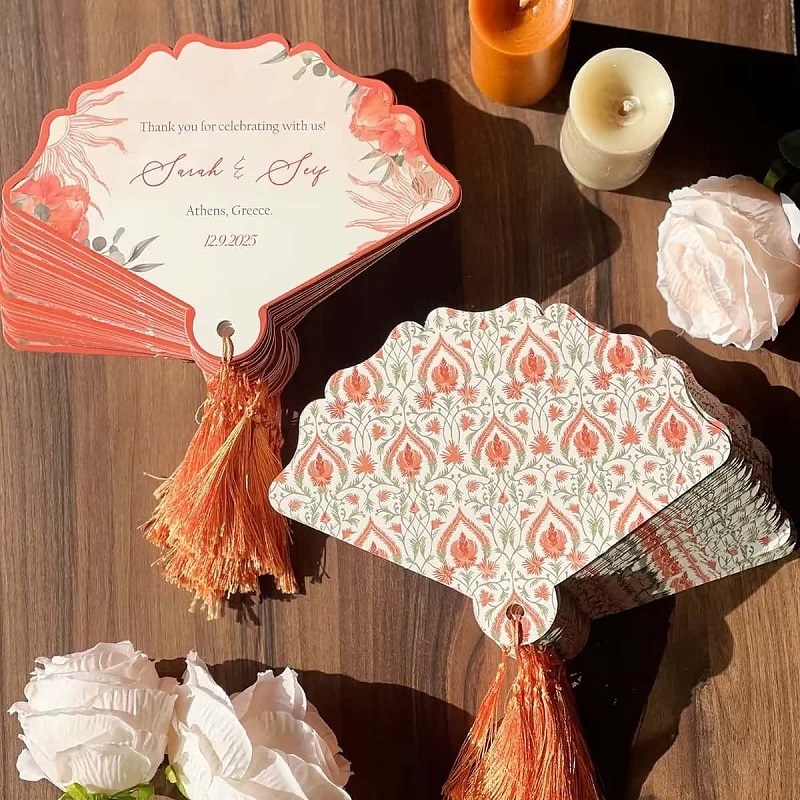 Wedding Invitation Cards Handheld Scalloped Fan Shaped With Silk Tassels
