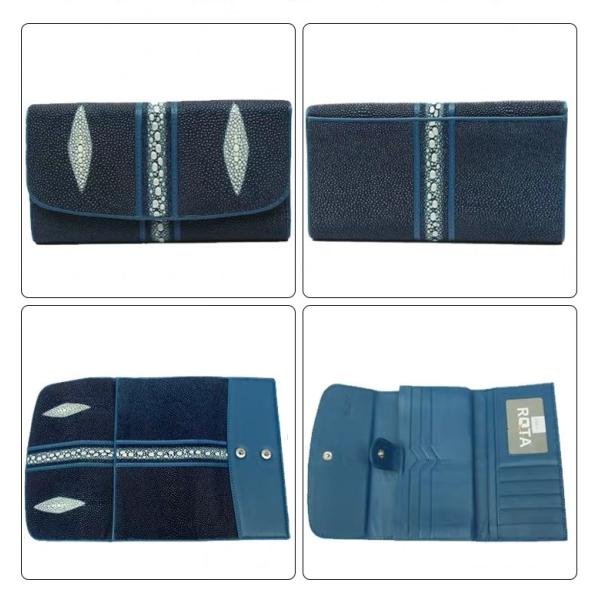 Stingray Skin Unisex Men Long Trifold Wallet Large Male Card Holders Genuine Leather Deep Blue Female Large Clutch Purse