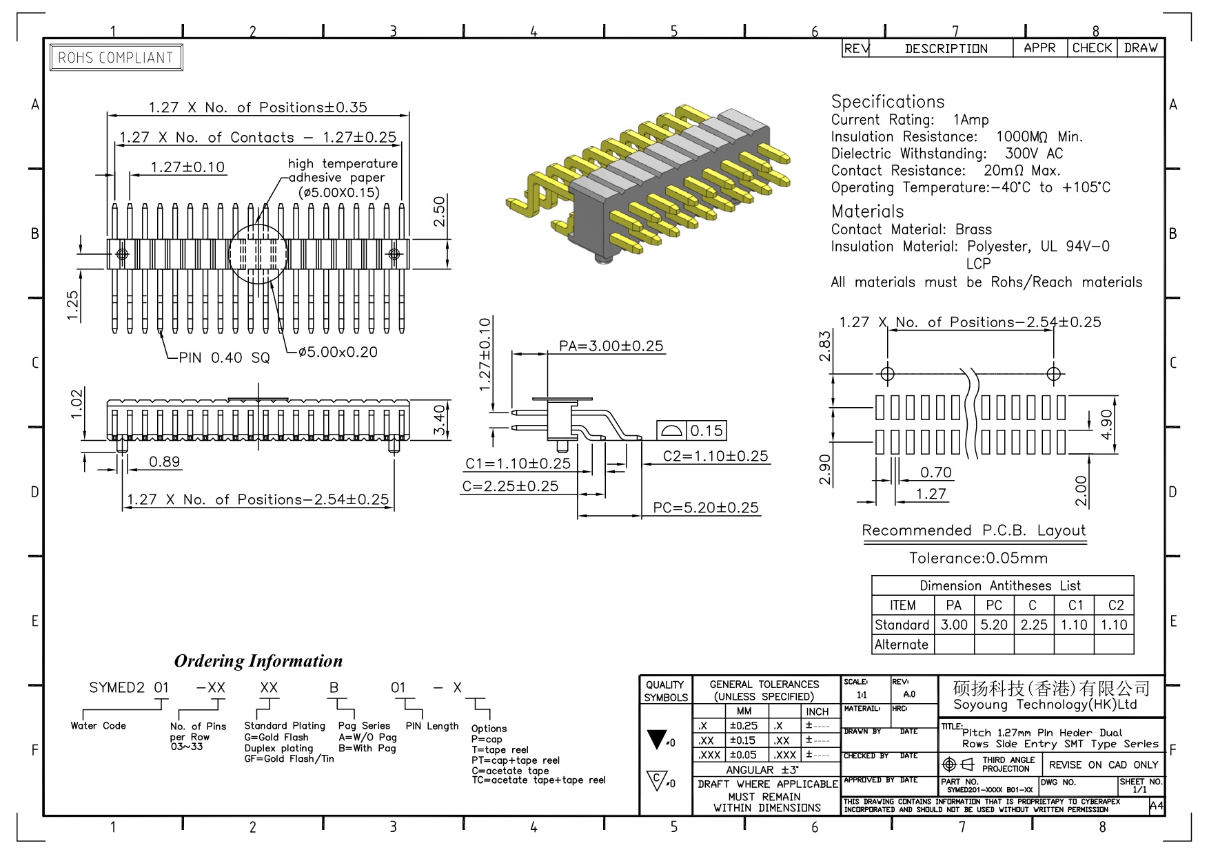 контактные разъемы 1.27mm всеобщие удваивают строка R/A 1*2PIN к 1*33PIN SQ0.40mm