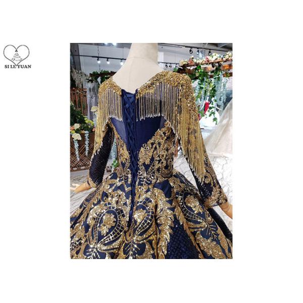 Luxury Navy Blue Tailor Made Prom Dresses Floor Length Beads Tassel Sparkly Lace