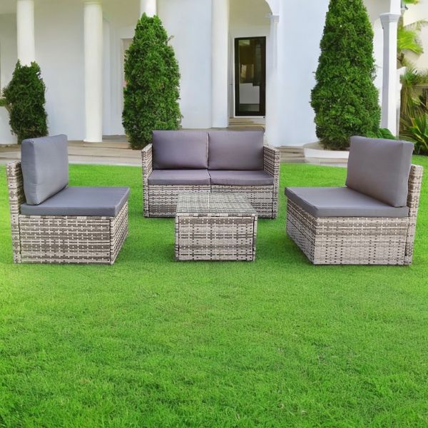 Garden Furniture Outdoor Low Price 5 Pieces Set Steel Frame Rattan Grey Small
