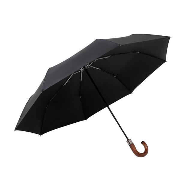 8 Ribs Fiberglass Automatic 3 Fold Umbrella With Wood Handle