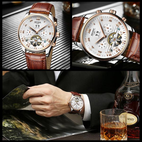 KINYUED Hot Sale Men Tourbillon Automatic Mechanical Watch Leather Strap Date Week Month